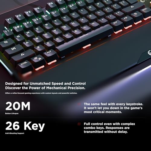 KB-R86 Umbra Mechanical Gaming Keyboard – High-Performance Switches, 26-Key Anti-Ghosting, 12 Multia Keys, Wrist Rest, Durable ABS – Compatible with PC, Laptop, Mac (Blue Switch) - color: Blue Switch, size: 26 Keys