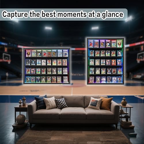 VERANI 35 LED Graded Sports Baseball Card Display Case Wall Mount Black | Large 35-slot inner space,Built-in soft LED light strips,Fully sealed dustproof structure,Wall mount vertical design - size: Large-Vertical-Black-with LED