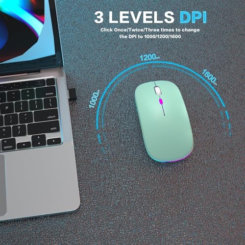 AIKOKOK Wireless Bluetooth Mouse, Rechargeable Dual Mode Mouse, Green | BT 5.2 & 2.4G USB Receiver, 3 Adjustable DPI,LED Lights,Slim,Silent,Portable Computer Mouse for Laptop,PC,MacBook,iPad,Tablet - color: Green