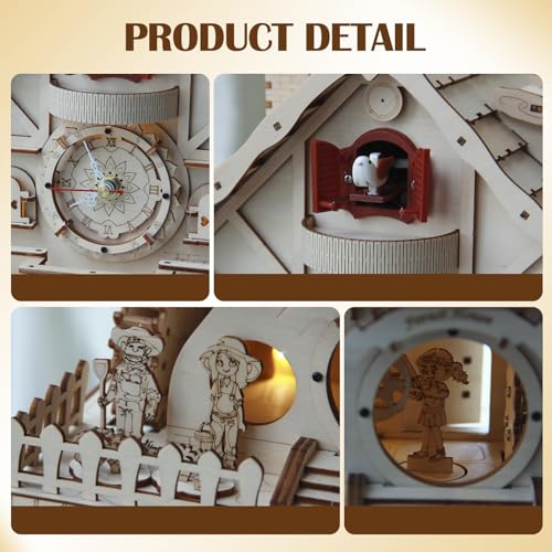 Cuberie 3D Wooden Puzzles Cuckoo Clock - DIY Model Kits for Adults with Music Box, Wood Building Project for Home Decor, Creative Gift for Teens (Age 14+)