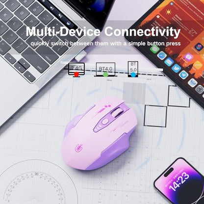 Uineer Bluetooth Mouse, Tri-Mode Wireless, Rechargeable, 3-Device Switch | Dual Bluetooth plus 2.4G connectivity, 3-device switching and a visible rechargeable battery level. - color: purple