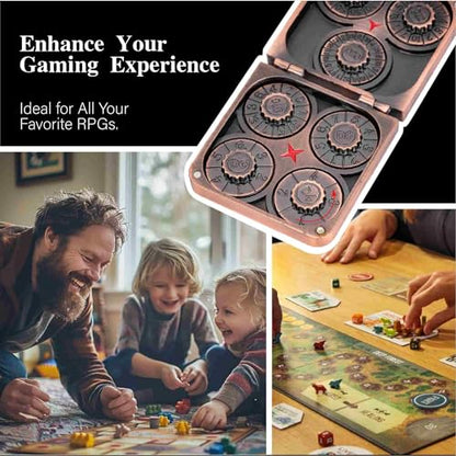 Foldable Spinner Metal DND Dice Set – Compact Elegant Design with D4, D6, D8, D10, D12, D20, D% for TTRPG Gifts - color: Ancient Copper