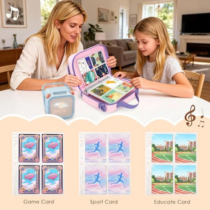 LoDrid Card Binder 4 Pocket with 50 Removable Sleeves Holds 409 Cards, Pink | Compatible with Yoto Cards, Card Case with Handle and Shoulder Strap for Travel, Bag Only, Patent Design - color: Pink