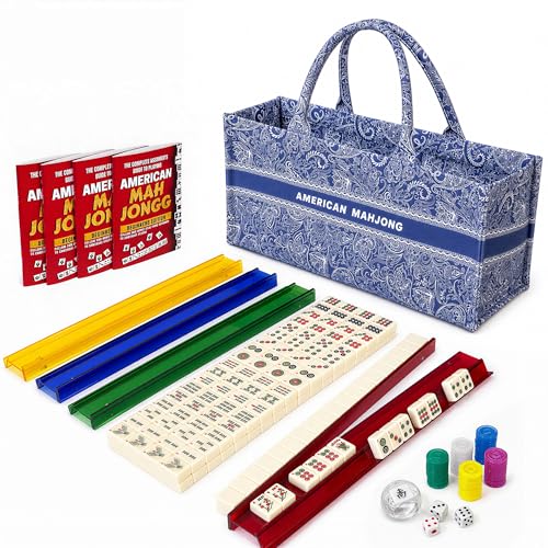 American Mahjong Set 166 Tiles with 4 Acrylic Racks&Pushers (Blue) | 166 premium cream ivory tiles with 4 acrylic racks/pushers 4 guides, scoring coins, dice, wind indicator & carrying bag