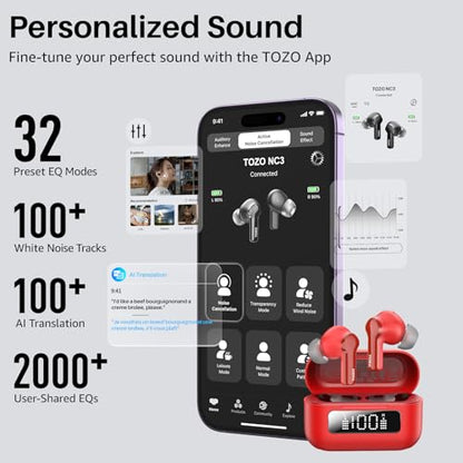 TOZO Hybrid Active Noise Cancelling Wireless Earbuds 6 Mics AI Clear Call | 68H Playtime LED Display 32 Preset EQs App Bluetooth 5.3 IPX8 Waterproof Ear Buds - color: Red