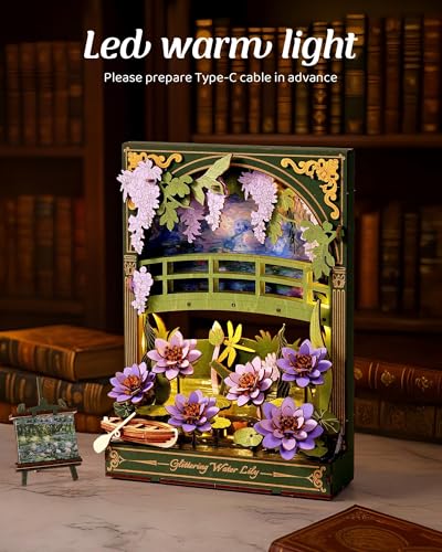 3D Wooden Puzzles for Adults Monet Water Lily DIY Model Building Kits with LED Light - Home Decor, Wall Art & Unique Creative Gifts for Art Lovers/Men/Women - style: Water Lily