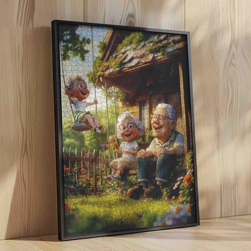 1000 Piece Jigsaw Puzzle for Adults Students Cute Old Couple Sitting On Porch with Boy Swinging in Garden Puzzles Sunny Day Nature Scene Colorful 20×27 Inches Relaxing Educational Jigsaws Game - color: Puzzle-grandma-07
