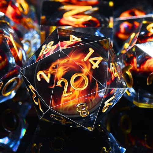 AUSTOR 7 Die DND Dice Set 7 Pieces Red Flame Dragon Resin Dice Role Playing D and D Dice D20 D12 D10 D8 D6 D4 Sharp Edge Dungeons and Dragons Dice with Case - color: Red Flame Dragon
