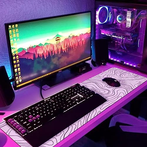 Large Gaming Mouse Pad, White Topographic Mousepad Desk Mat for Gaming Office, Long XL Mouse Pads Keyboard Pad Desk Pad for Computer Laptop 31.5''x11.8''