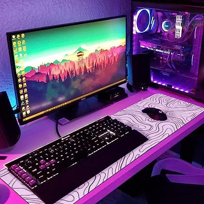 Large Gaming Mouse Pad, White Topographic Mousepad Desk Mat for Gaming Office, Long XL Mouse Pads Keyboard Pad Desk Pad for Computer Laptop 31.5''x11.8''
