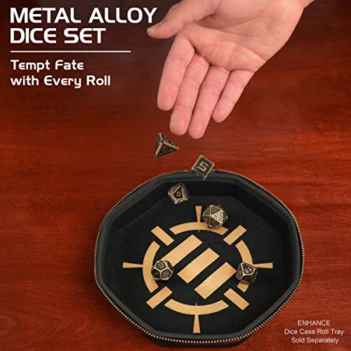 ENHANCE DND Metal Dice Set - 7pc Polyhedral Dice with Storage Case and Drawstring Bag - Solid Metal Set for Dungeons and Dragons, Pathfinder, More RPGs (Ancient Bronze) - color: Ancient Bronze