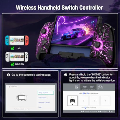 Spican Switch Controllers for Nintendo Switch/Switch OLED, Hall Effect Switch Wireless Pro Controller One-Piece Joypad, Full-Size Handheld Mode Controller with 17 RGB Light/Battery/Turbo/Macro/4 Game Slot - color: Black-Lightning Pattern, size: 6.2"/7"