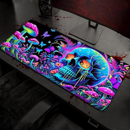Simpkeely Large Skull Mushroom Gaming Mouse Pad - UV Light Reactive Neon Glow Butterfly Mat Waterproof XL Non-Slip Rubber Base for Computer & Keyboard, 31.5" x 11.8" - color: Skull Mushroom