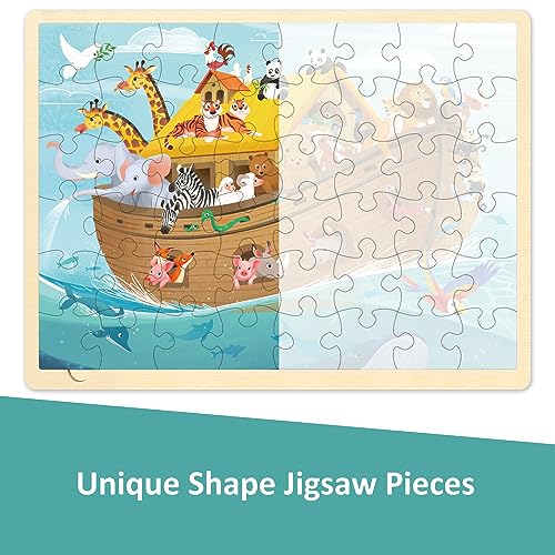 Wooden Noah's Ark Puzzle for Kids Ages 3-5, 48 Piece | Puzzles for Kids Ages 4-8 with Tray, Religious Scene Christian Bible Wooden Jigsaw Puzzle for 3 4 5 6 7 8 Year Old - style: 48 Piece