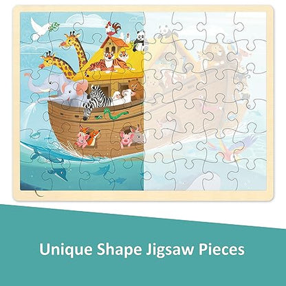Wooden Noah's Ark Puzzle for Kids Ages 3-5, 48 Piece | Puzzles for Kids Ages 4-8 with Tray, Religious Scene Christian Bible Wooden Jigsaw Puzzle for 3 4 5 6 7 8 Year Old - style: 48 Piece