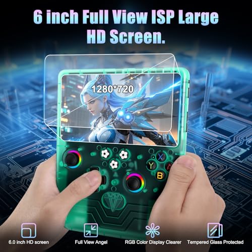 R60 Max Handheld Game Console, 128GB Retro Gaming Console with 40,000+ Games, 6-Inch IPS Screen, Linux System, RGB Joysticks, 6000mAh Rechargeable Portable Gaming System (Transparent Green) - color: Transparent Green