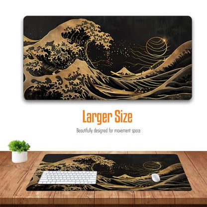 VNDL Large Japanese Black and Gold Gaming Mouse Pad, Sea Waves, Premium Non-Slip Anime Desk Pad for Office, Extended XL XXL Mouse Mat and Laptop Pad, Waterproof and Stiched Edges 31.5 x 15.7 in (wg2) - color: wg2