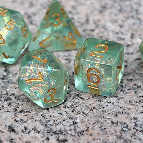 Haxtec Light Green DND Dice Set, 7-Piece Resin Polyhedral RPG Dice | Iridescent Standard Dice with Velvet Bag, Sparkly Fairy, Rounded Edge, Compatible with Dungeons and Dragons, MTG Gifts - color: Light Blue Green