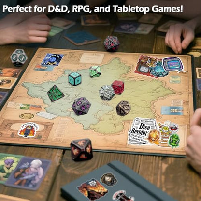 Haxtec Mystery Metal DND Dice Set 7pcs Polyhedral Dice + 3 Funny Waterproof Stickers, Metal Dice for Dungeons & Dragons, Chance to Win Hollow Metal Dice, Great DND Gift, No Duplicates in 2/5 Packs - style: Metallic