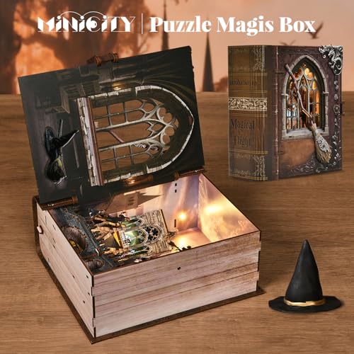 MiniCity Book Nook Kit, DIY Miniature House Kit for Adults, Teens and Beginners, Dollhouse Booknook Library Tiny House Bookshelf Decor (Introduction to Magical Flight) | Open the book-style case to reveal a flight academy; 154-piece LED model includes dus