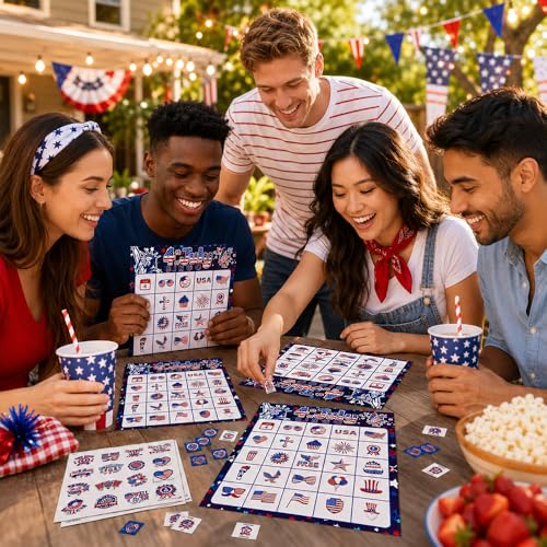4th of July Bingo Game Cards, 24 Players Patriotic Bingo Cards, Fourth of July Bingos Game for Adults Outdoor Family Friends Student Large Group Activities Independence Day Party Favors Supplies - color: Red and Blue