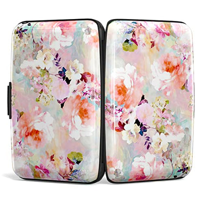Credit Card Holder, Mini Aluminum Card Wallet RFID Blocking Slim Metal Hard Card Case for Women Men, Pink Flowers - color: Pink Flowers