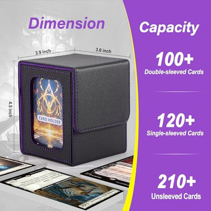 MTG Deck Box, Double Display Window MTG, Commander Deck Box Fits 120+ Single Sleeved Cards, PU Leather Magnetic Closure Card Box with 2 Dividers&2 Toploaders for TCG, CCG, Black/Violet - color: Black/Purple, size: 1 pack