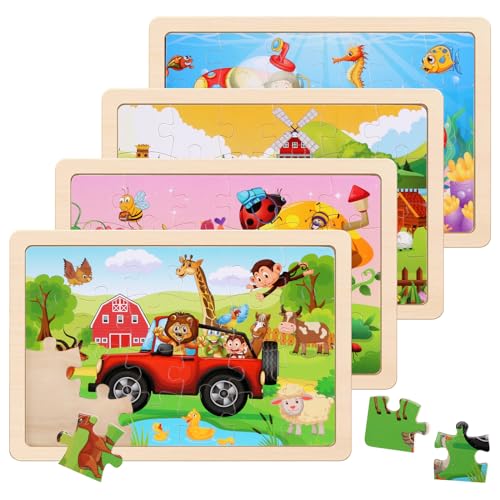 Wooden Puzzles Toys for Kids Ages 3-5, Set of 4 Packs with 20-Piece Farm, Animals Theme Wood Jigsaw Puzzles, Preschool Educational Brain Teaser Toys for Boys and Girls 3-6 Years Old. - color: Animals