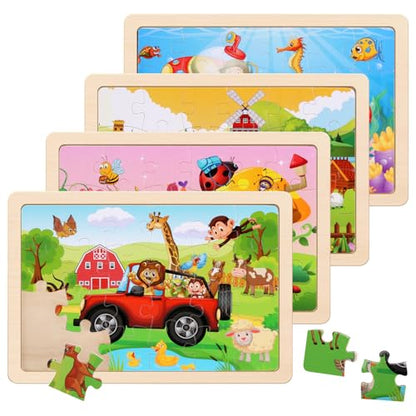 Wooden Puzzles Toys for Kids Ages 3-5, Set of 4 Packs with 20-Piece Farm, Animals Theme Wood Jigsaw Puzzles, Preschool Educational Brain Teaser Toys for Boys and Girls 3-6 Years Old. - color: Animals