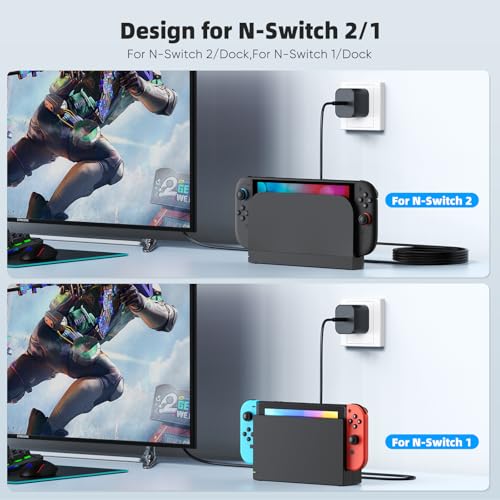 (2 Pack) Switch 2 Charger with 5FT/10FT USB-C Cables, 60W PD3.0 Fast Charger for Nintendo Switch 2/1/OLED/Lite/Steam Deck, 4K TV Dock Ready AC Adapter, Works with USB-C Devices – Compact & Durable - size: 5FT &10FT