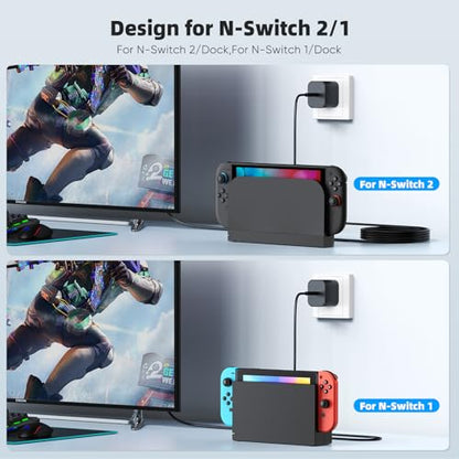 (2 Pack) Switch 2 Charger with 5FT/10FT USB-C Cables, 60W PD3.0 Fast Charger for Nintendo Switch 2/1/OLED/Lite/Steam Deck, 4K TV Dock Ready AC Adapter, Works with USB-C Devices – Compact & Durable - size: 5FT &10FT