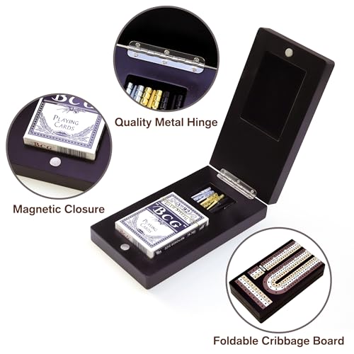 Cribbage Board Game Set - Wooden Foldable 3-Track Board with Magnetic Closure, 9 Metal Pegs, Playing Cards, Portable Family Travel Game for Gatherings and Gifts