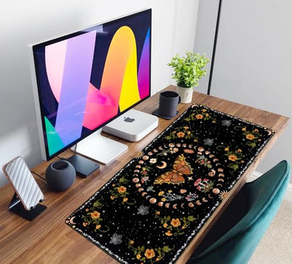 Moth Desk Pad Mushroom Phase Moon Phase Desk Mat, Boho Flowers and Leaves Computer Big Mouse Pad Washable Cloth Non-Slip Rubber Base Keyboard Pad Mouse Mat for Office with Stitched Eges 31.5x15.7 in - color: Black Butterfly Moon