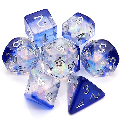 Haxtec Resin DND Dice Set 7PCS Blue Clear Iridecent Mylar Polyhedral D&D Dice with Bag, Compatible with Dungeons and Dragons Roleplaying Dice Games-Blue Clear Galaxy - color: Blue