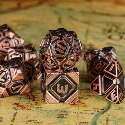 Metal UFO Dice Set, 7 Die Metal Polyhedral Dice Set for DND Dungeons and Dragons Role Playing Games,with Skull Bag.(Ancient Red Copper) - color: Ancient Red Copper