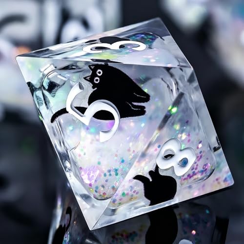 WizardsAracanum Cat Liquid Quicksand DND Dice Set Resin 7Pcs Dice DND with an Iron Box for DND COC Role Playing dice Games and Board Games Gift (Glitter Rainbow Black Cat) - color: Rainbow Giltter Black Cat