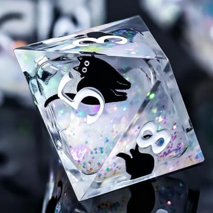 WizardsAracanum Cat Liquid Quicksand DND Dice Set Resin 7Pcs Dice DND with an Iron Box for DND COC Role Playing dice Games and Board Games Gift (Glitter Rainbow Black Cat) - color: Rainbow Giltter Black Cat