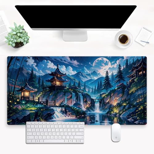 Pagoda Landscape Desk Pad, Large Extended Keyboard Mousepad 31.5x15.7 | Aesthetic mystical forest desk mat featuring comfortable 3mm padding, premium glides, and reliable grip base. - color: Full Moon