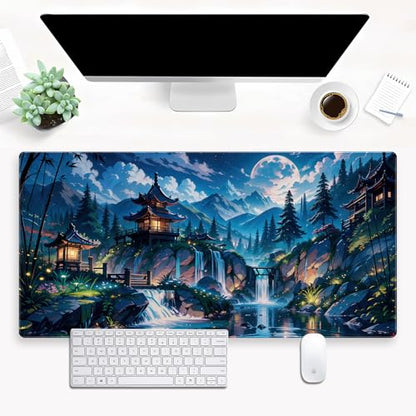 Pagoda Landscape Desk Pad, Large Extended Keyboard Mousepad 31.5x15.7 | Aesthetic mystical forest desk mat featuring comfortable 3mm padding, premium glides, and reliable grip base. - color: Full Moon