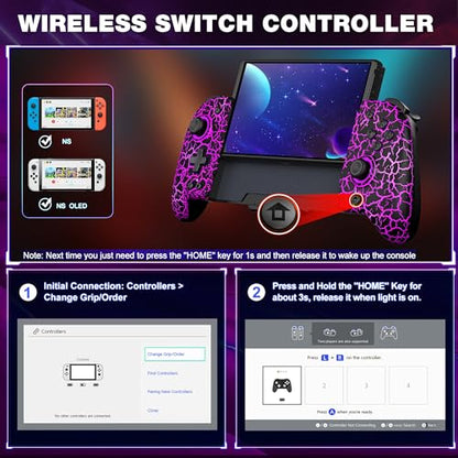 LIFUFUTEE Switch Controllers, Wireless Switch Pro Controller Replacement for Nintendo Switch Controller/OLED, Hall Effect One-Piece Joypad Controller with Programmable/Dual Vibration/Turbo/Wakeup - color: Black Crack, size: Switch 1 - 6.2"/7"