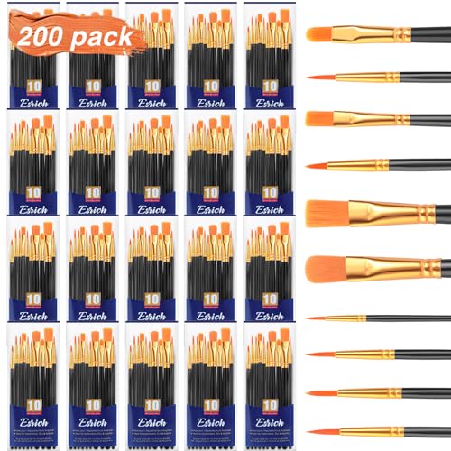 ESRICH Acrylic Paint Brushes Set, 20 Packs 200 Pcs Nylon Hair | Acrylic Oil Watercolor, Face Nail Art, Miniature Detailing, Rock Painting,Painting Artist Professional Kit(Black) - color: Black, size: 200