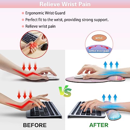 Mouse Pad with Wrist Rest Pink, 3-in-1 Wrist Support Mousepad Set, | Gaming with Anti-Skid Base,Ergonomic Mouse Pad,Memory Foam Keyboard Gel Wrist Rest - color: Pink Blue Marble