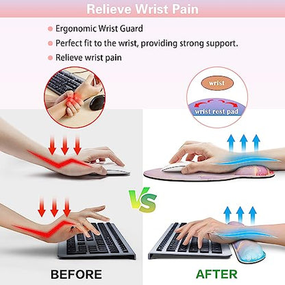 Mouse Pad with Wrist Rest Pink, 3-in-1 Wrist Support Mousepad Set, | Gaming with Anti-Skid Base,Ergonomic Mouse Pad,Memory Foam Keyboard Gel Wrist Rest - color: Pink Blue Marble
