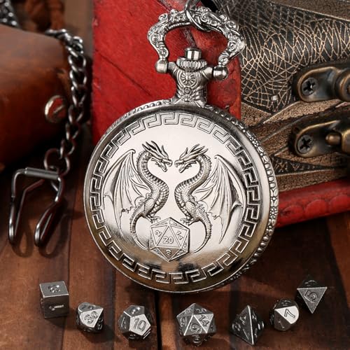 Mini DND Dice Set with Steampunk Double Dragon Pocket Watch Case, Tiny 7-Piece Polyhedral Metal D&D Dice, DND Gifts with Gift Box, Role Playing Game Board Game Accessories Dice, Dark Silver - color: Dark Silver