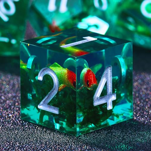 Moss and Koi Fish DND Dice Set - 7Pcs Sharp Edge Resin Polyhedral Game Dice for D&D RPG - Includes D20, D12, D10, D8, D6, D4 - Moss Agate Fish Design(Green) - color: Green