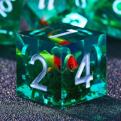 Moss and Koi Fish DND Dice Set - 7Pcs Sharp Edge Resin Polyhedral Game Dice for D&D RPG - Includes D20, D12, D10, D8, D6, D4 - Moss Agate Fish Design(Green) - color: Green