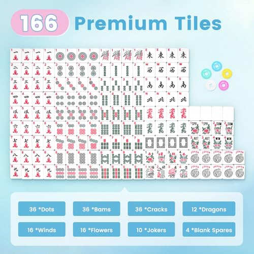American Mahjong Tile Set, 166 Tiles 1.2 Inch Portable Travel Mahjong Game Set with Carrying Bag, Dice & Chips, Complete Mah Jongg Sets for Adults, Family Game Night & Ideal Gifts