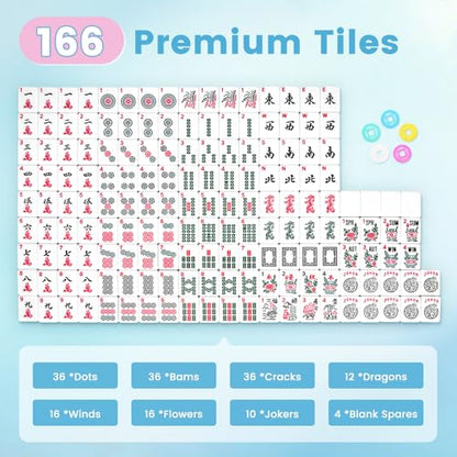 American Mahjong Tile Set, 166 Tiles 1.2 Inch Portable Travel Mahjong Game Set with Carrying Bag, Dice & Chips, Complete Mah Jongg Sets for Adults, Family Game Night & Ideal Gifts