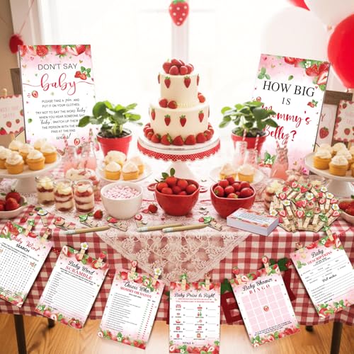 Funnymoom 426 Pcs Strawberry Baby Shower Games Set-8 Games Includes Baby Shower Bingo Price is Right Guess Who Word Scramble Prediction and Advice How Big is Mommy's Belly Don't Say the Words - color: Red, style: Strawberry