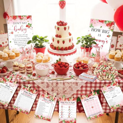 Funnymoom 426 Pcs Strawberry Baby Shower Games Set-8 Games Includes Baby Shower Bingo Price is Right Guess Who Word Scramble Prediction and Advice How Big is Mommy's Belly Don't Say the Words - color: Red, style: Strawberry